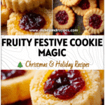 Golden orange shortbread thumbprint cookies with bright cranberry centers on a holiday table.